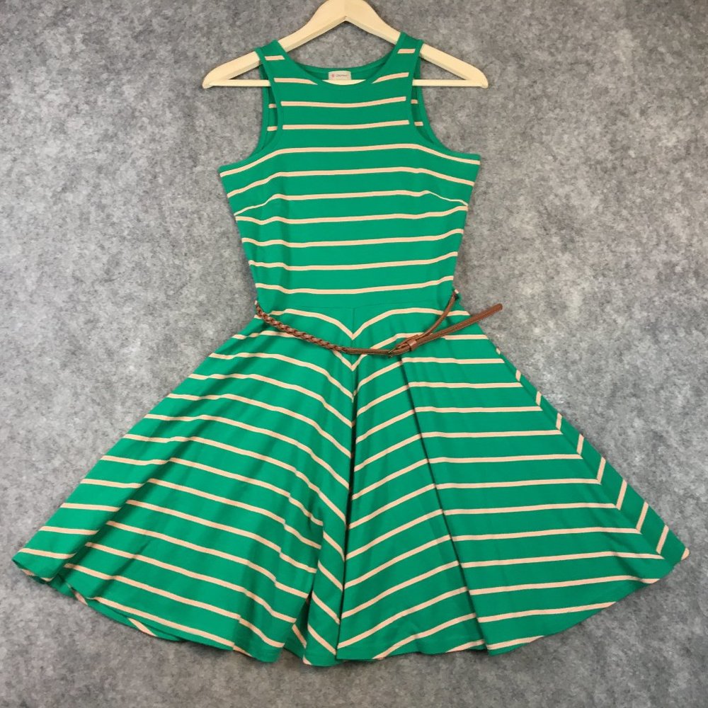 Cremieux Dress XS Belted Green Striped Fit Flare A Line Career Casual Sleeveless